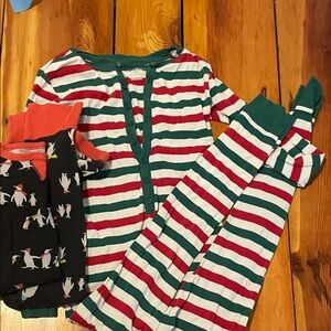 Old Navy Green and Red Striped Pajama Christmas Onesie and Target Penguin PJs